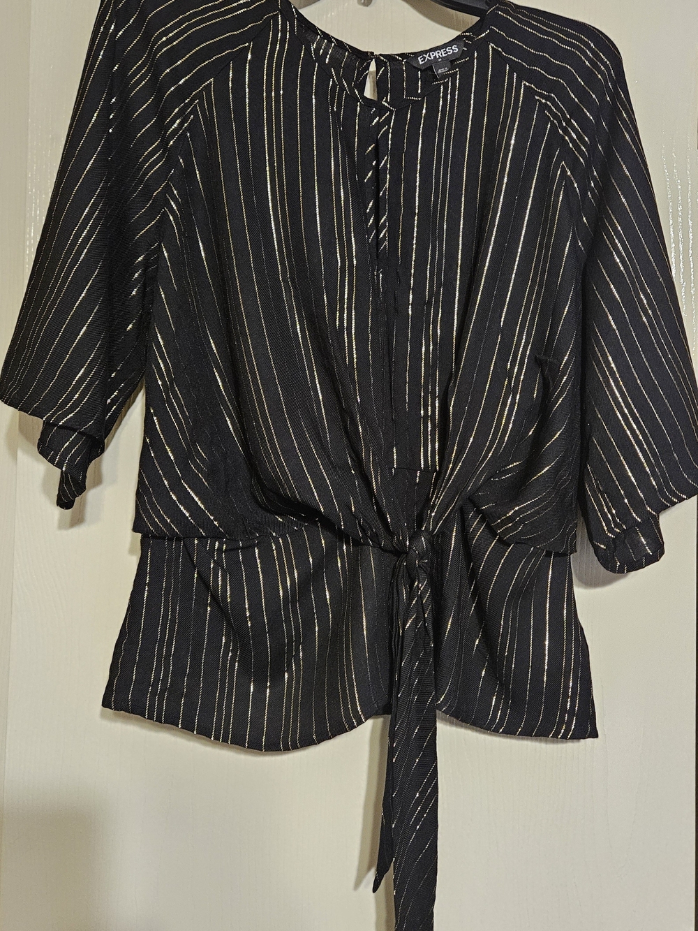 Express Black Blouse with Metallic Gold Stripes and Front Tie